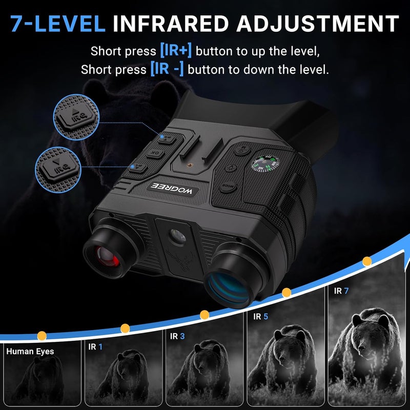 Worgree Night Vision Goggles, 4K Night Vision Binoculars for Adults, 36MP Photo, 5000mAh Rechargeable Battery, 1300FT Range, 8X Digital Zoom, Infrared Vision, 32GB SD, Flashlight & Compass for Camping - Image 5